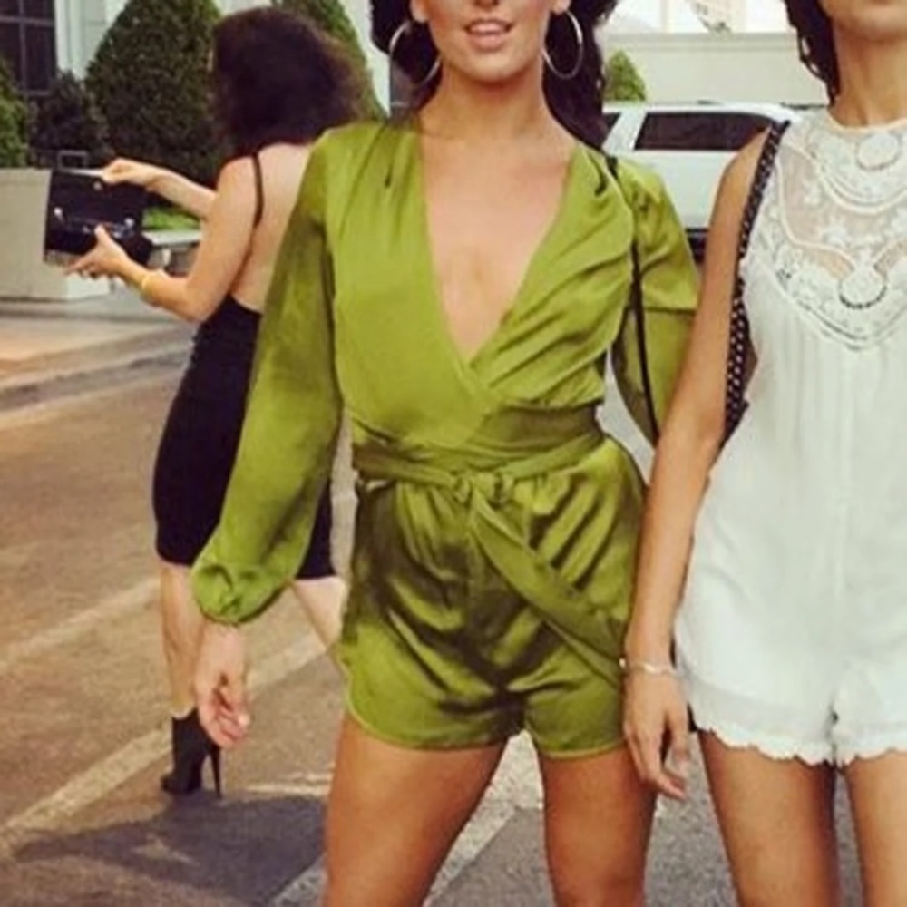 For Love & Lemons Green Satin Wrap Romper
